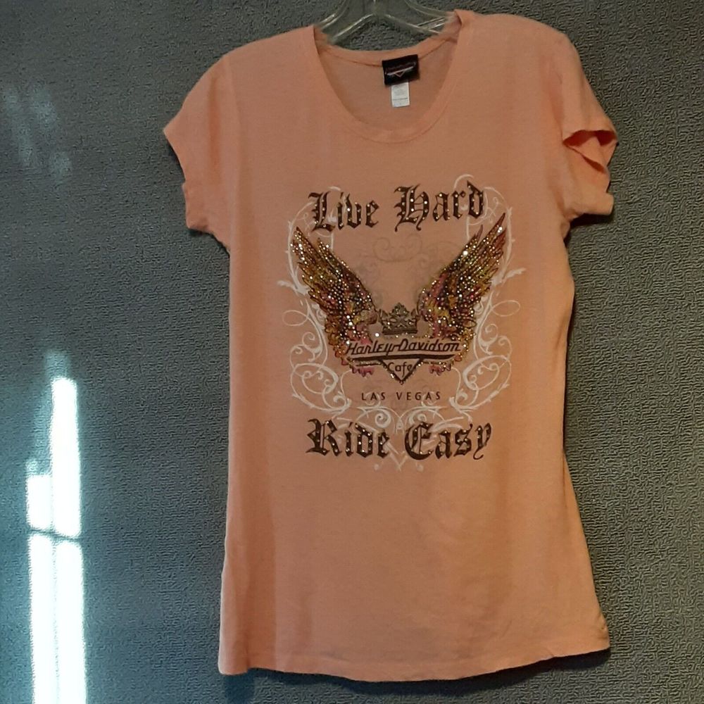 Harley Davidson Tee Shirt Women Large Peach Angel Wings Rhinestone Biker 2476